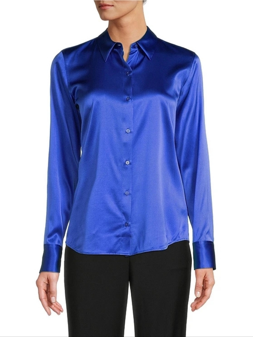 NWT Antonio Melani Yana Point Collar Silk Charmeuse Button Front Blouse Blue Med